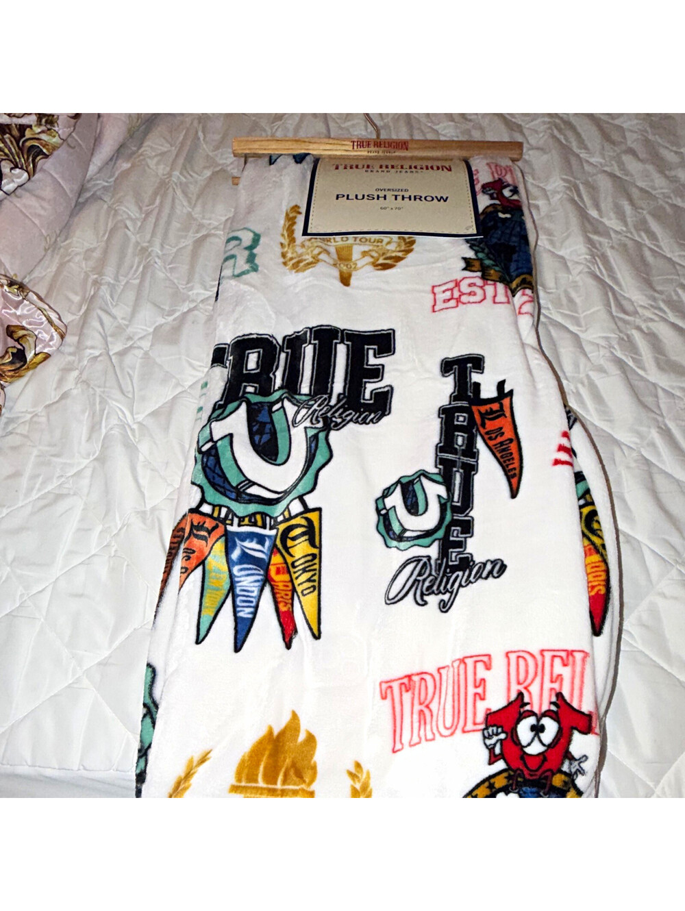 True Religion Oversized Plush Throw Blanket 60x70 in White Multicolor Graphic